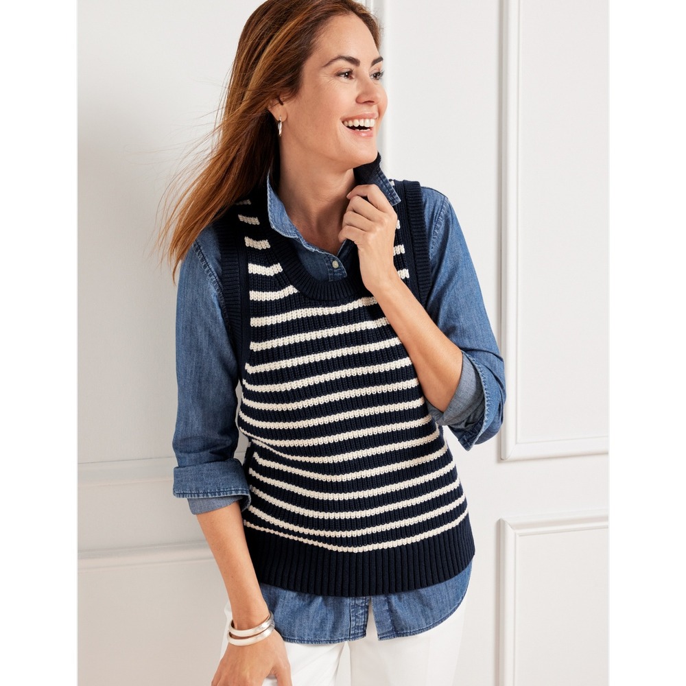 Talbots Womens Navy White Striped Knit Sweater Vest Size M Cotton‎ Blend Ribbed